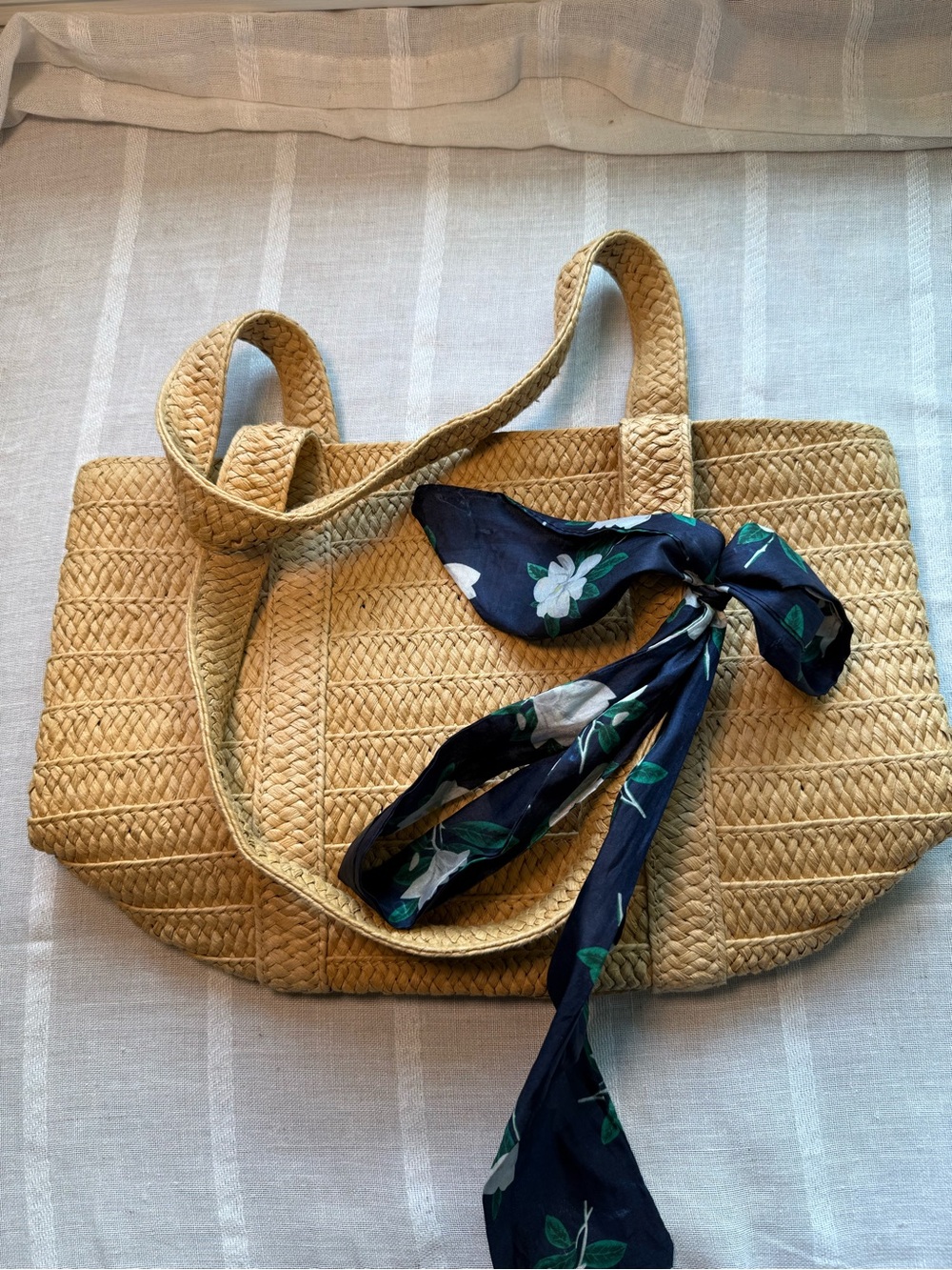 Draper James Natural Woven Straw Tote with Navy Floral Scarf